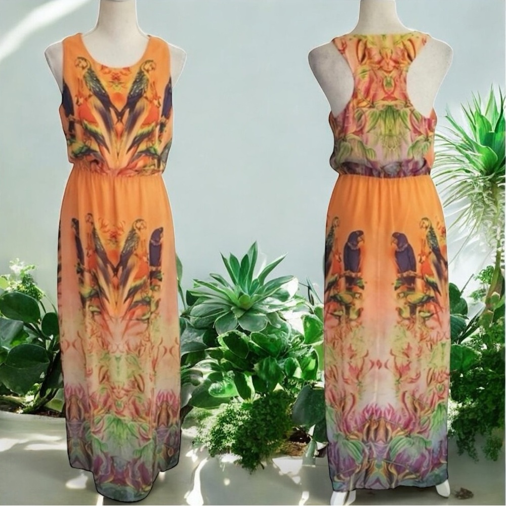 Walter Baker Orange Multicolor Parrot Print Summer Maxi Dress